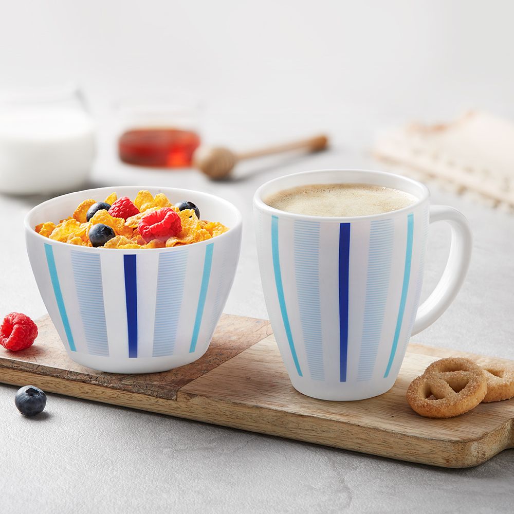 larah by borosil Pack of 1 Opalware Blue Strip Breakfast Set (515ml Bowl + 390ml Mug), Opalware Crockery Set-picture-10