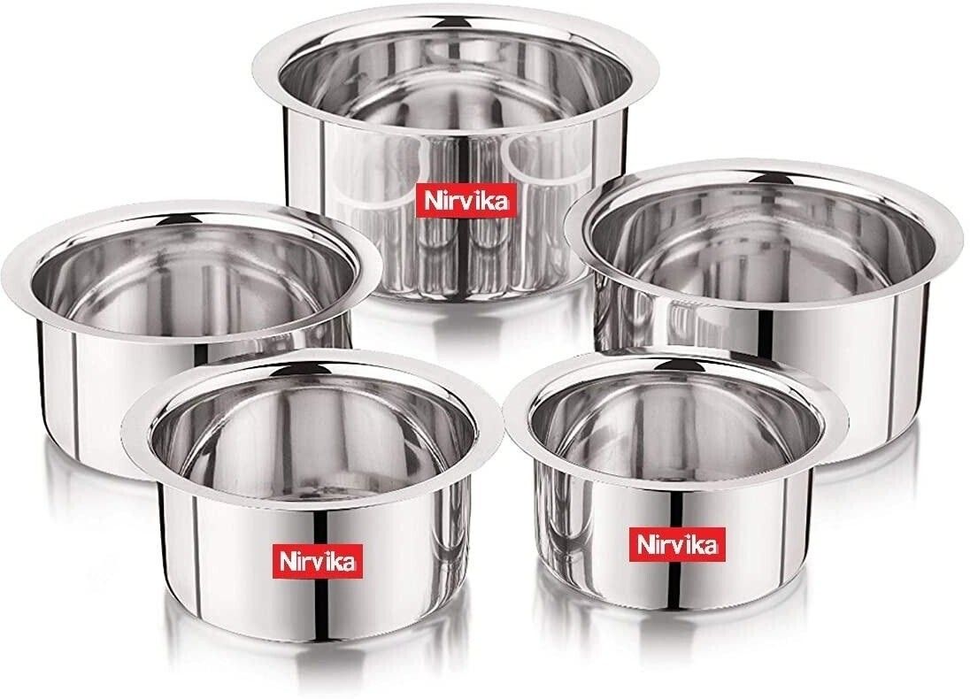 Stainless Steel Serving Bowl 5 Pcs Stainless Steel flat Bottom Container Set/Tope/tapeli/patila Cookware Set heavy Gauge (Capacity 425ml, 550ml, 850ml, 1250ml, 1500ml Approximately) Strong-Durable-Reliable Tope Set (Stainless Steel)