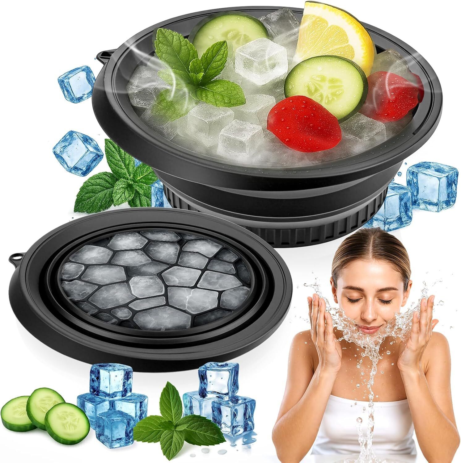 Silicone Massage Bowl Facial Ice Bath, Collapsible Bowl for Face Ice Bath with Built-in Icetray