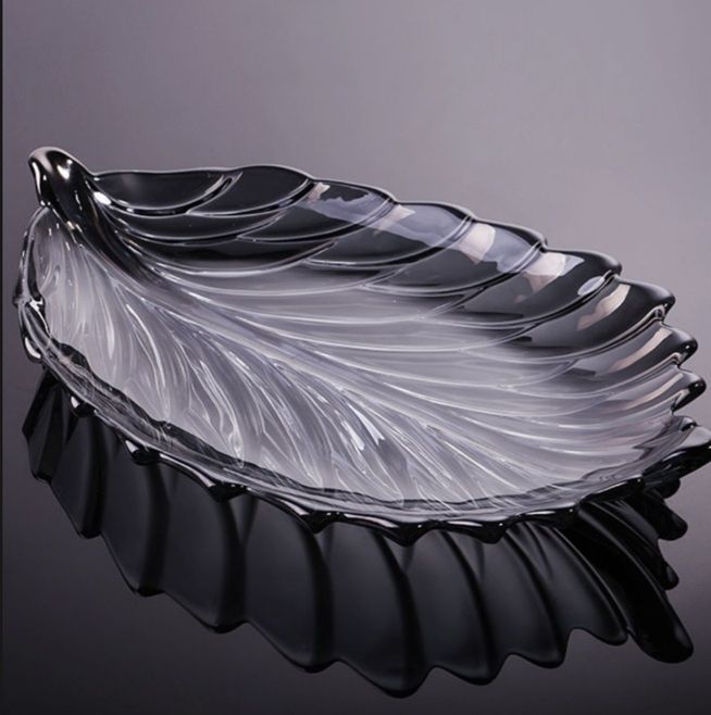 indusbay Glass Decorative Bowl 16 Inch Premium Ion Black Leaf Shaped Glass Fruit Bowl-picture-3