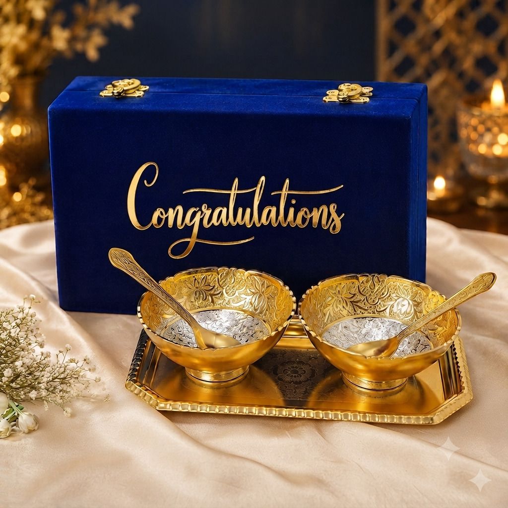 Round Golden Silver Plated Serving Bowl Set, Box, Congratulations Tag cloure Bowl Serving Set-image-48