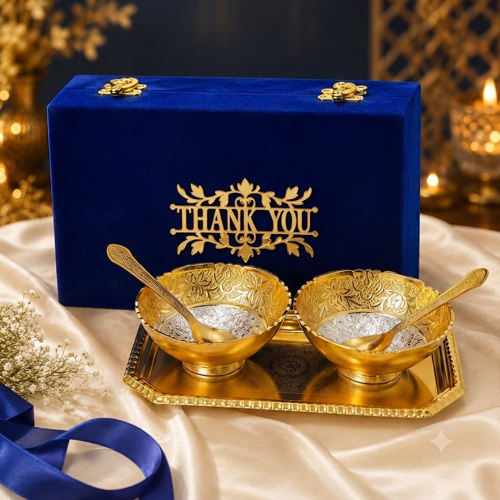Round Golden Silver Plated Bowl Set, Blue Velvet Box, Return Gifting cloure Bowl Serving Set-image-33