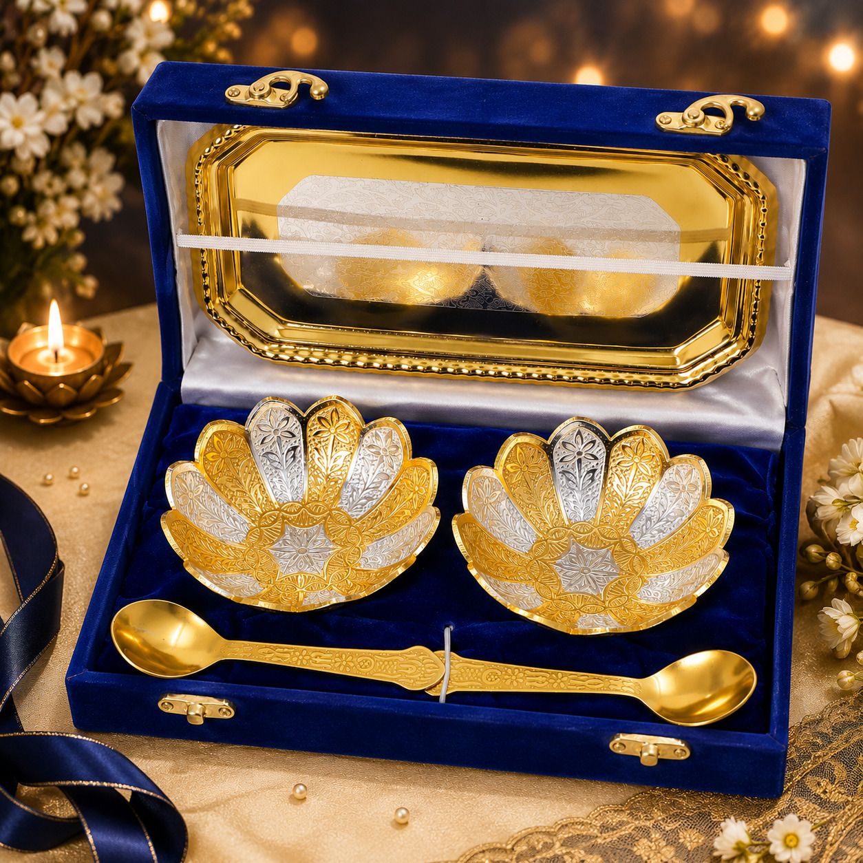 smiles gift Decorative Serving Bowl Set in Blue Velvet Box, Ideal for Wedding & Diwali Gift Bowl Serving Set-picture-34