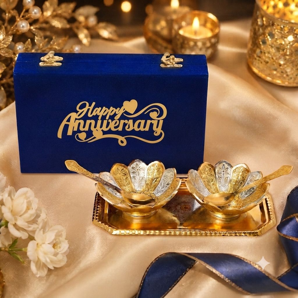 international gift Gold Silver Plated Lotus Bowl Set, Blue Velvet Box, For Anniversary Gifting Bowl Serving Set-picture-43