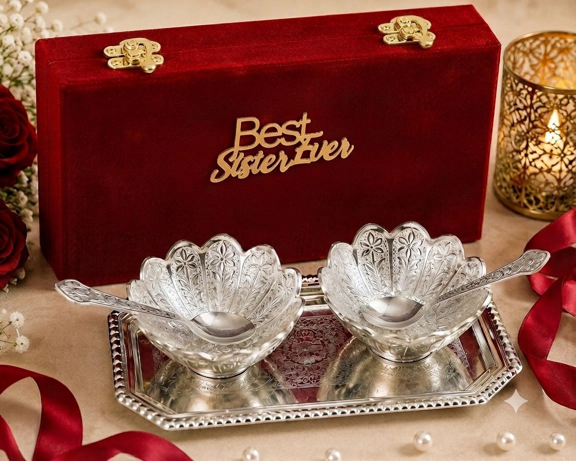 starlight German Silver Plated Decorative Bowl Set, Elegant Best Sister, Box Bowl Serving Set-picture-14