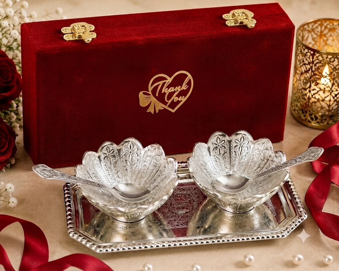 international gift Lotus Silver Plated Bowl Set, Red Velvet Box, For Return Gifting cloure Bowl Serving Set-picture-10