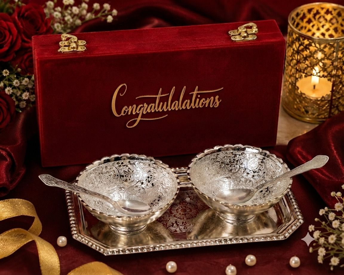 smiles gift Round Silver Plated Serving Bowl Set, Box, With Congratulations Tag cloure Bowl Serving Set-picture-10