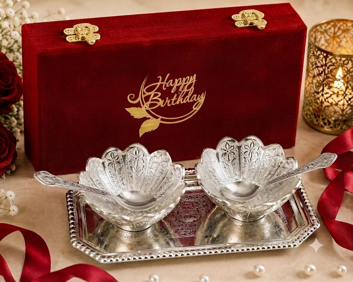 starlight German Silver Plated Decorative Bowl Set, Elegant Birthday Gift, Velvet Box Bowl Serving Set-picture-11