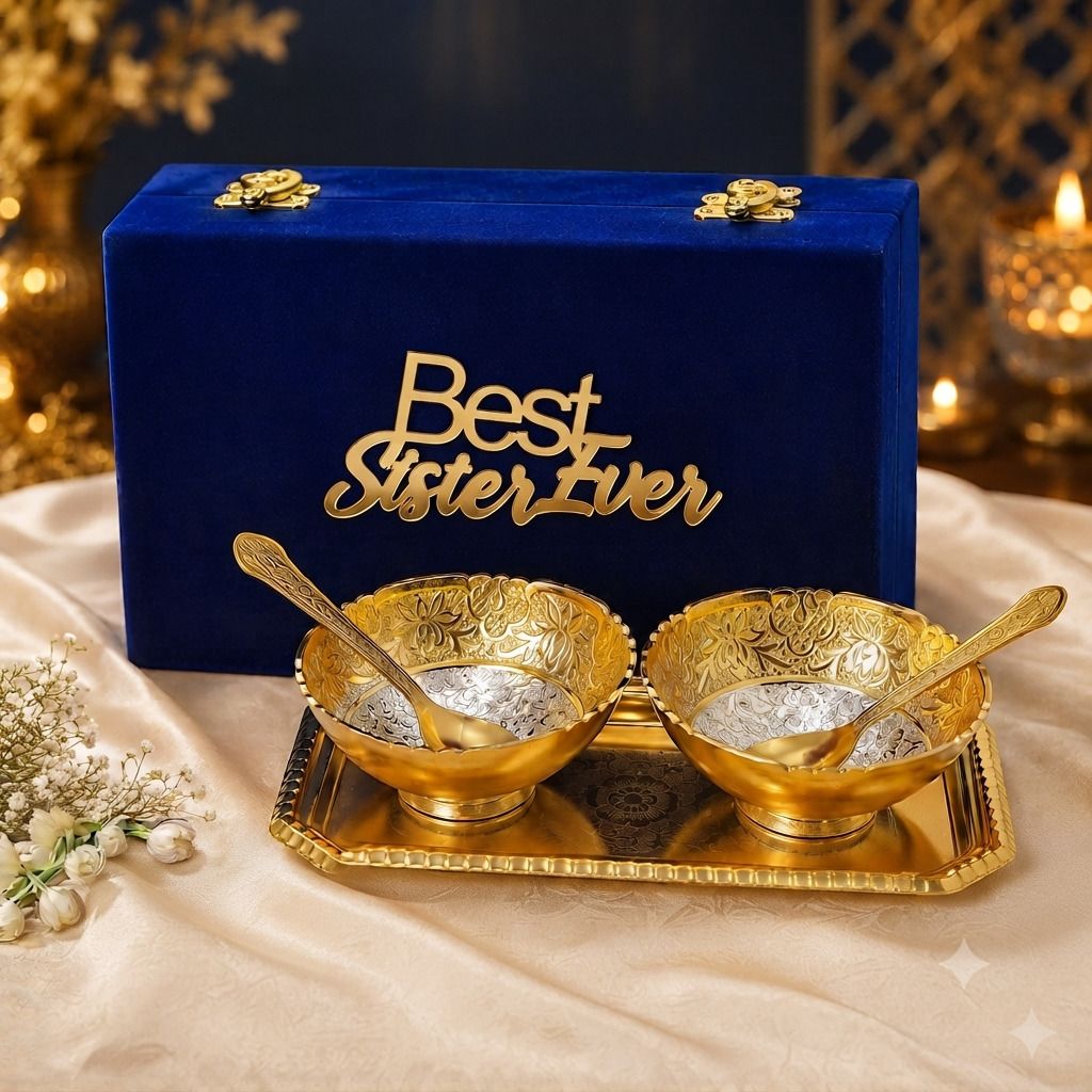 Round Golden Silver Plated Bowl Set, Blue Velvet Box, Best Sister Gift cloure Bowl Serving Set-image-32