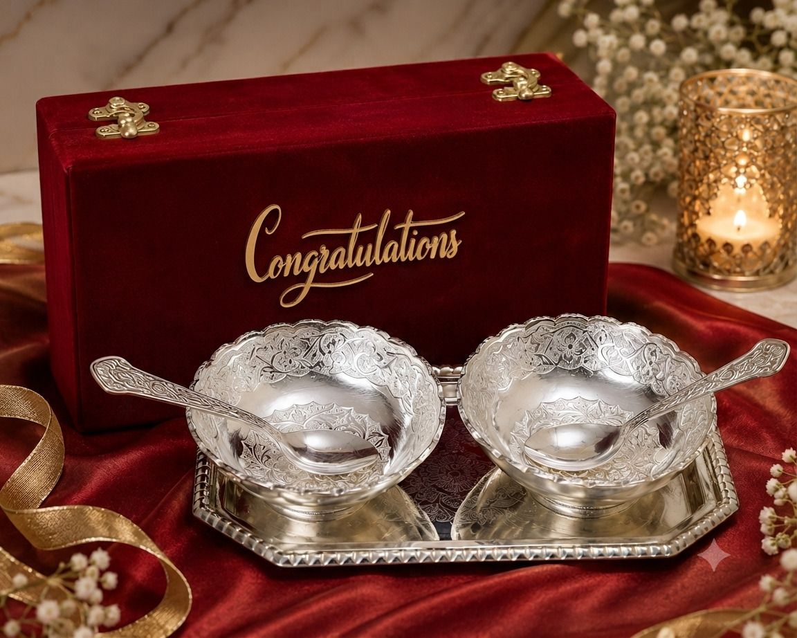 Silver Plated Handwork Serving Bowl Set, Premium Box, With Congratulations Tag Bowl Serving Set-image-36