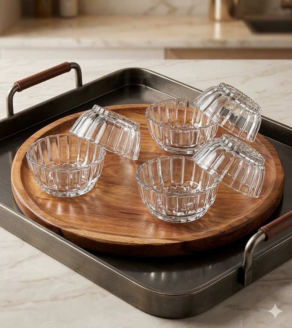 crystaria Glass Serving Bowl Glass Dessert Bowls of 6 | Ribbed Design Ice Cream, Pudding, Snack & Dry Fruit-picture-17