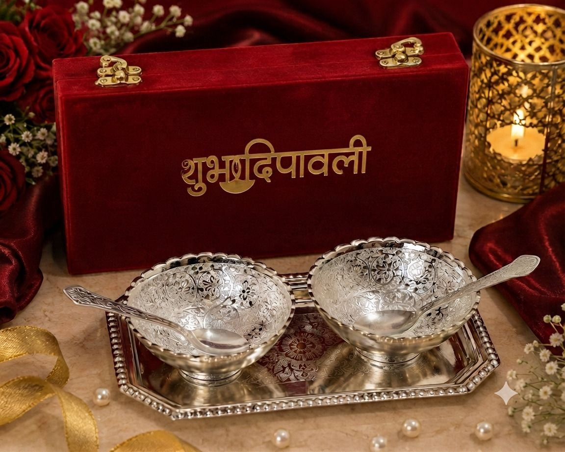 Round Silver Plated Bowl Set, Red Velvet Box, For Subh Dipawali cloure Bowl Serving Set-image-7