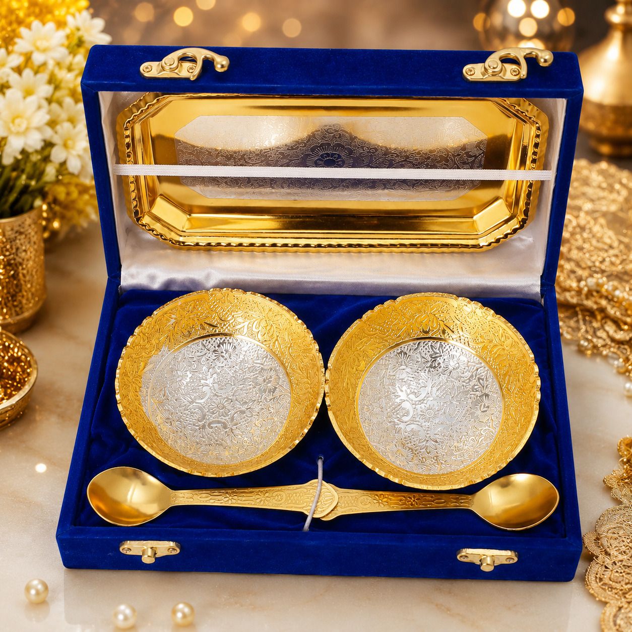 smiles gift Round Golden Silver Plated Serving Bowl Set, Velvet Box, Return Gift cloure Bowl Serving Set-picture-43