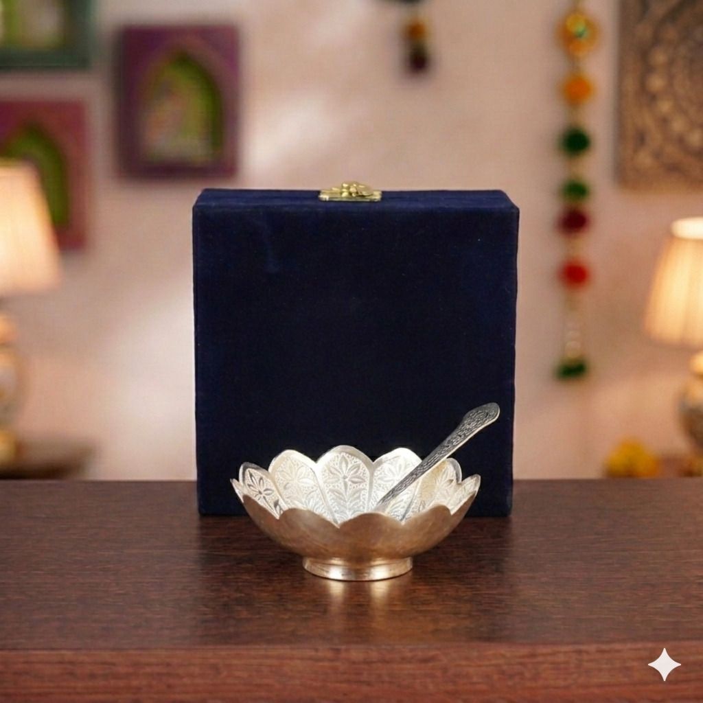 smiles gift Aluminium Decorative Bowl Premium German Silver Lotus Bowl & Spoon Set in Blue Velvet Box for Gifting-picture-16