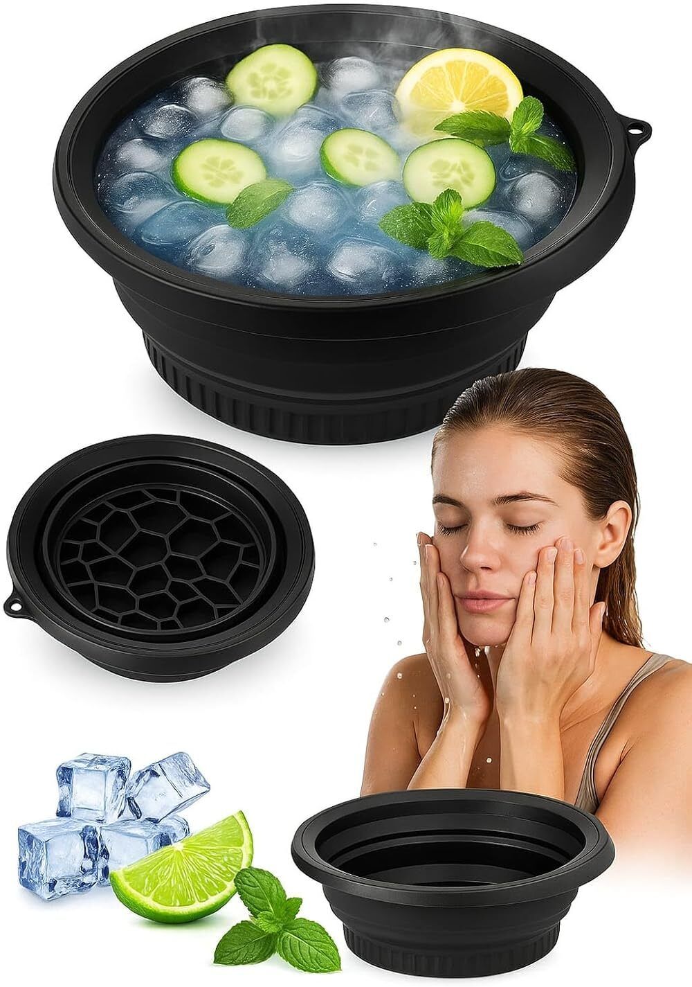 Silicone Massage Bowl Ice Bowl for Face Dip | Collapsible Silicone Ice Bath Bowl Black Silicone Ice Cube Tray-image-47