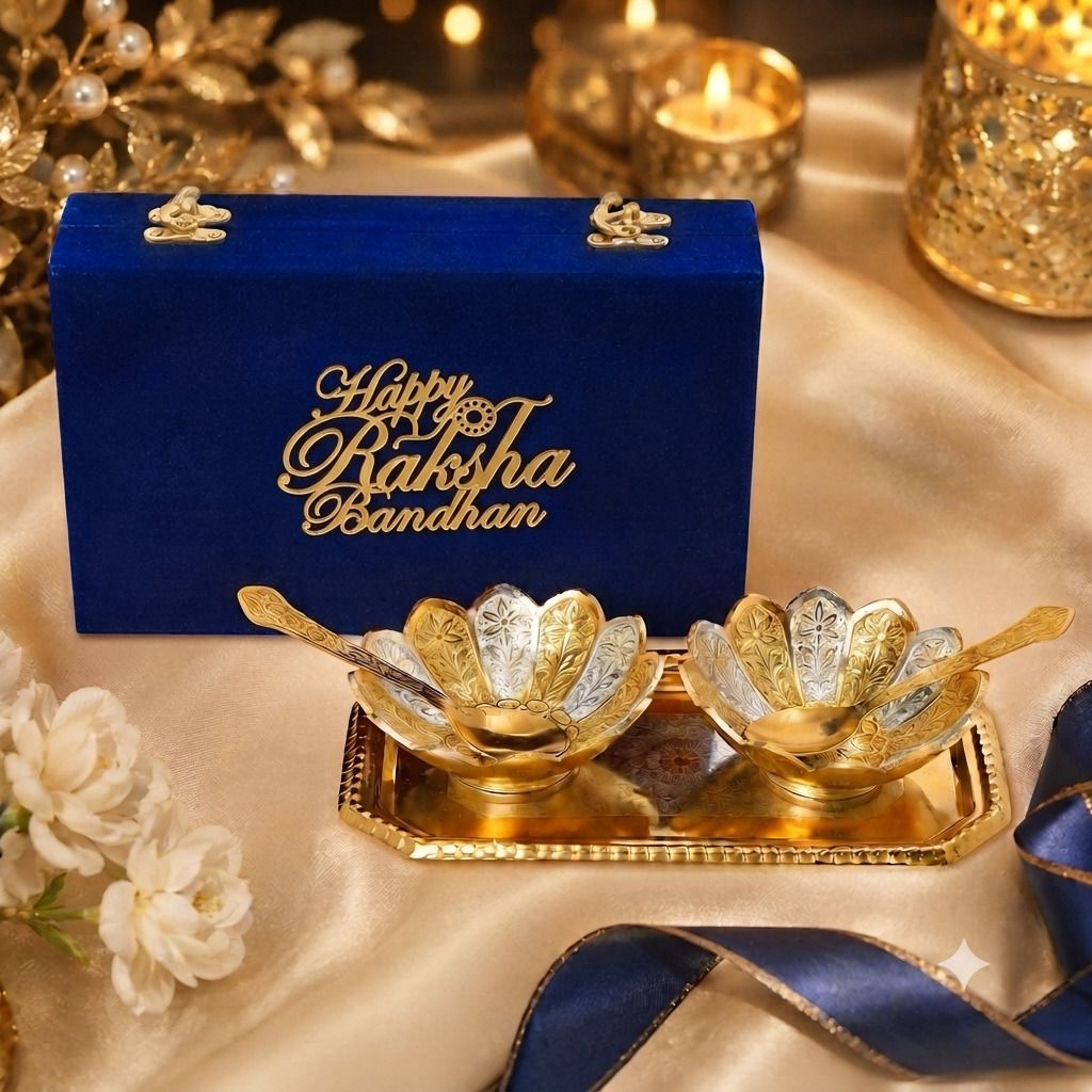 Gold Silver Plated Serving Bowl Set, Premium Velvet Box, With RakshaBandhan Tag Bowl Serving Set-image-48