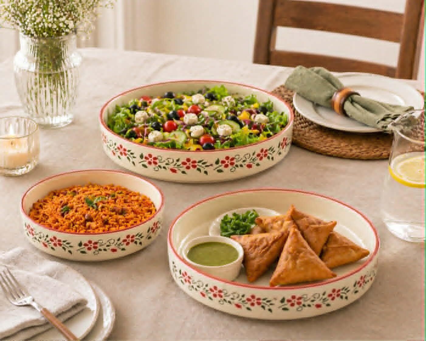 ondes positives Ceramic Bowls Set of 3 with Salad Serving Tray Bowl Serving Set-picture-29