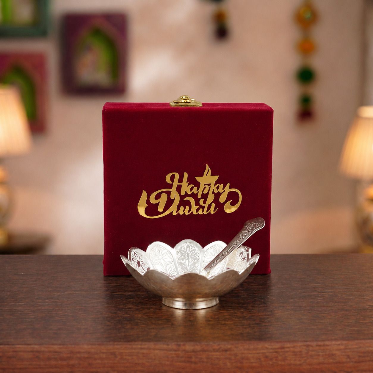 smiles gift Aluminium Decorative Bowl Premium German Silver Lotus Prasad Bowl & Spoon: Happy Diwali Gift in Red Box-picture-14
