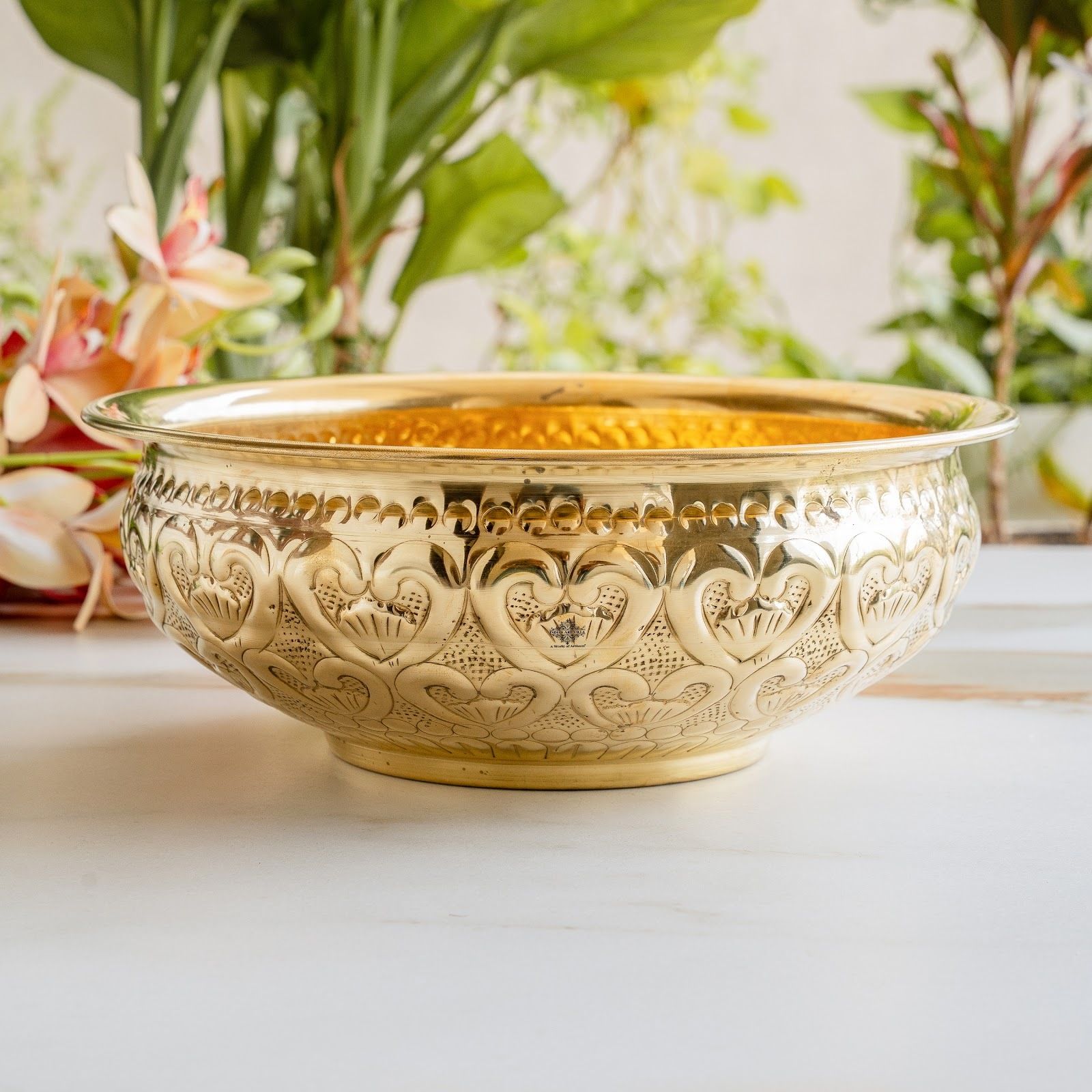indianartvilla 1250 ML 8.5 Inch Brass Embossed Urli Bowl for Home Decor, Pooja and Festivals Brass Decorative Platter-picture-8