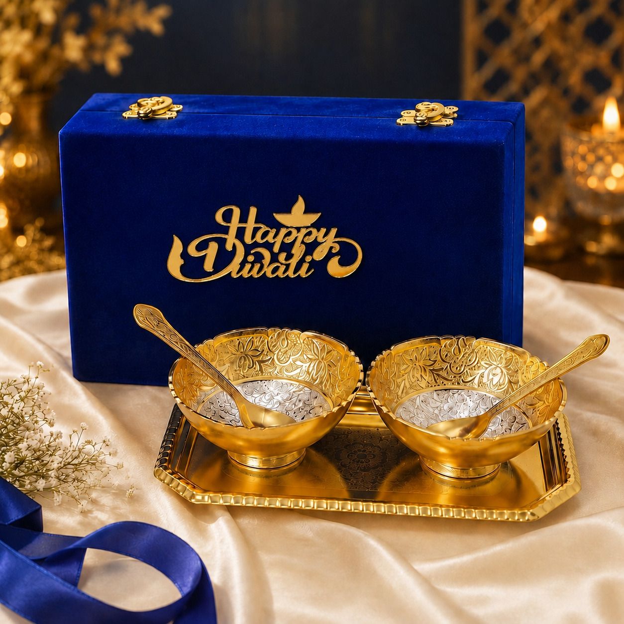 starlight Round Golden Silver Plated Decorative Bowl Set, Elegant Diwali Gift cloure Bowl Serving Set-picture-16