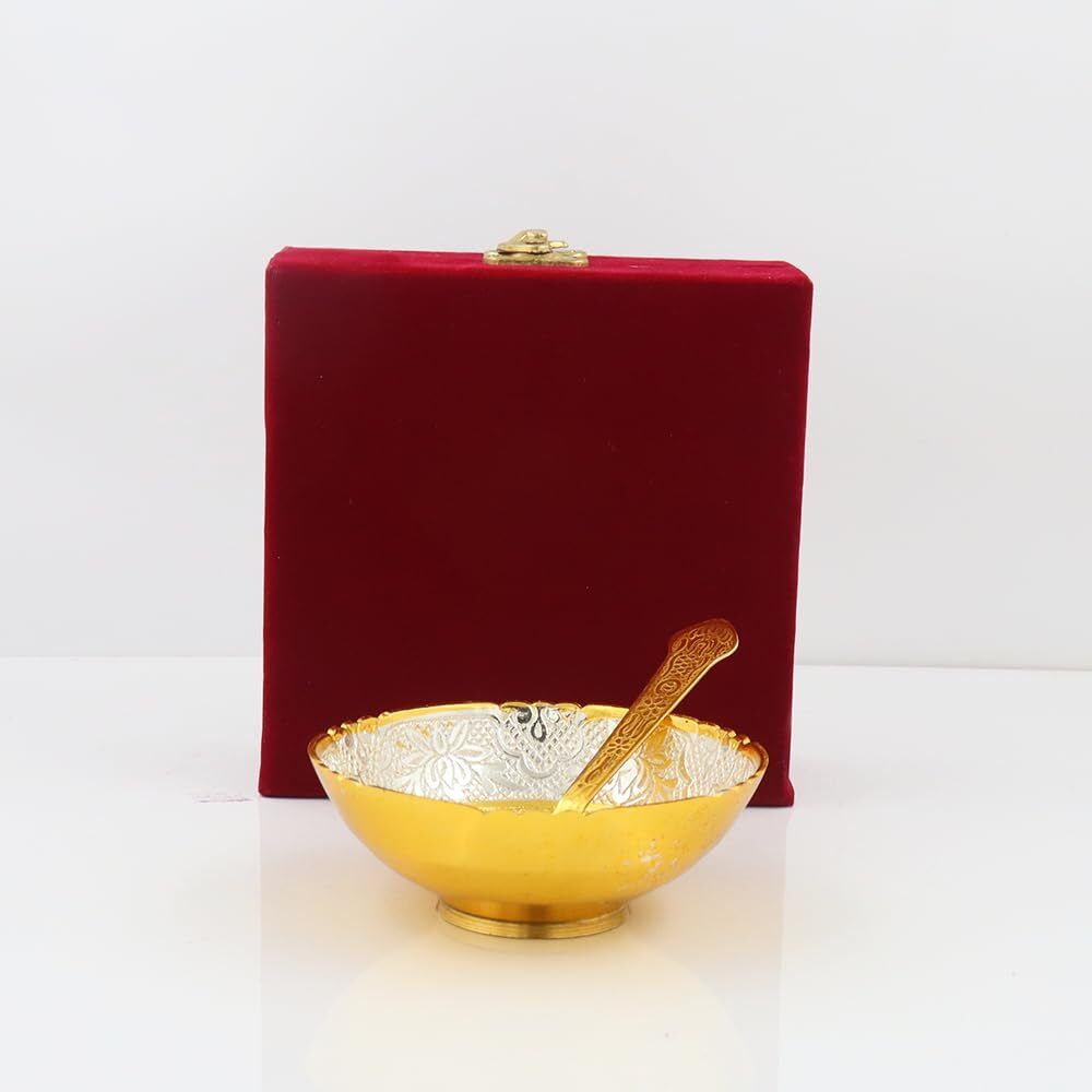 Aluminium Decorative Bowl Premium Gold-Silver Prasad Bowl & Spoon Set in Red Velvet Box for Gifting-image-37