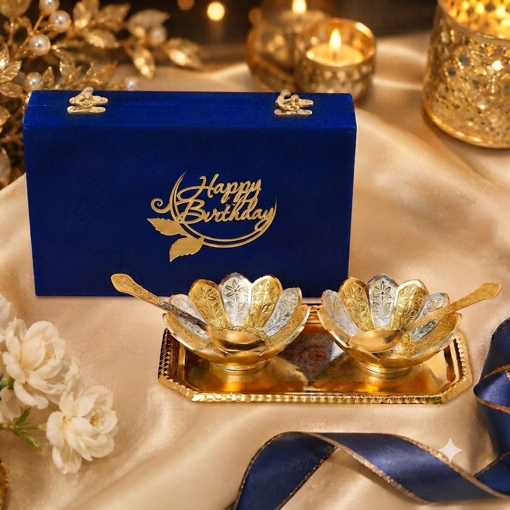 Gold Silver Plated Serving Bowl Set, Premium Velvet Box, With Birthday Tag Bowl Serving Set-image-49