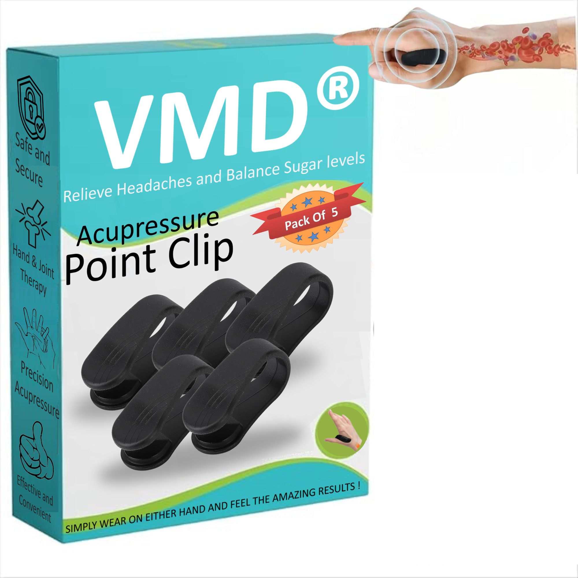 Vmd Acupressure Point Clip (5pc) for Headache, Migraine, Sugar Control Device(black) Bp Monitor Adapter