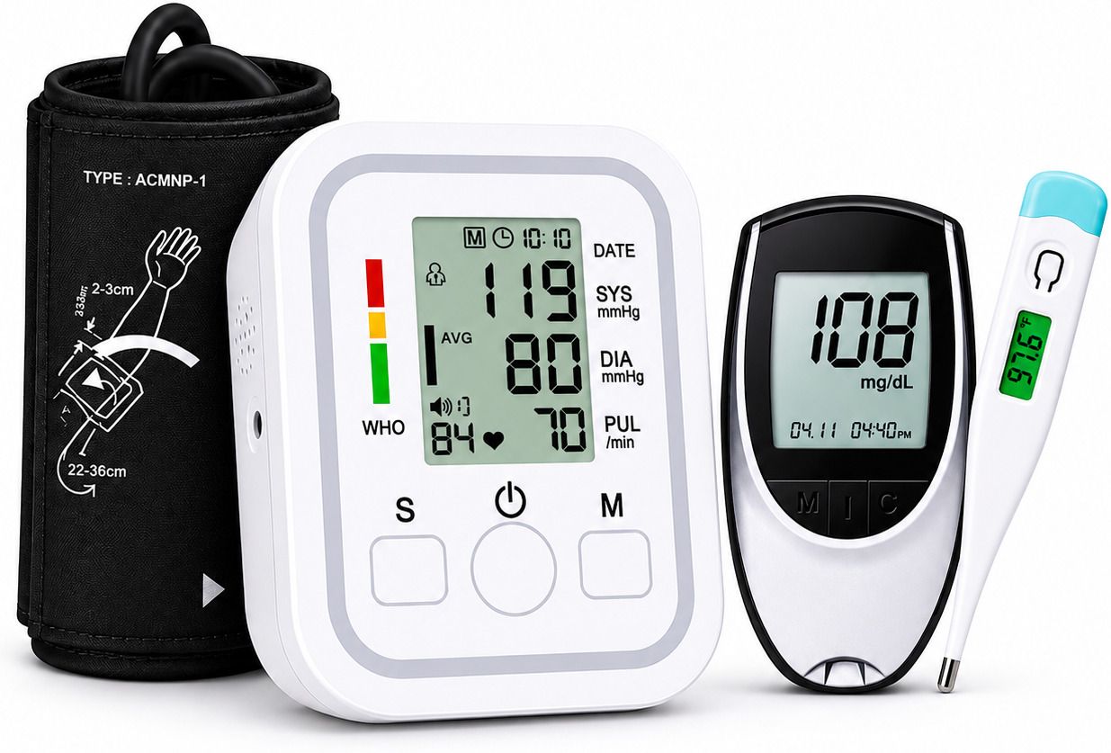 PLEXAL 3-in-1 Health Monitoring Kit with Digital BP Monitor, Glucometer & Thermometer Bp Monitor-image-4