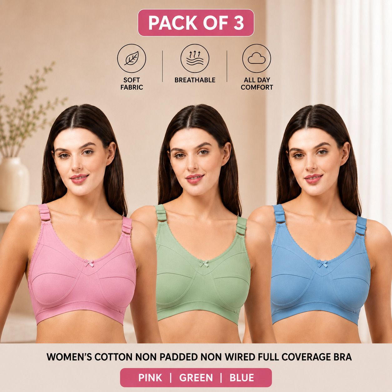 joshi fashion Pack of 3 Women Full Coverage Non Padded Bra-picture-34