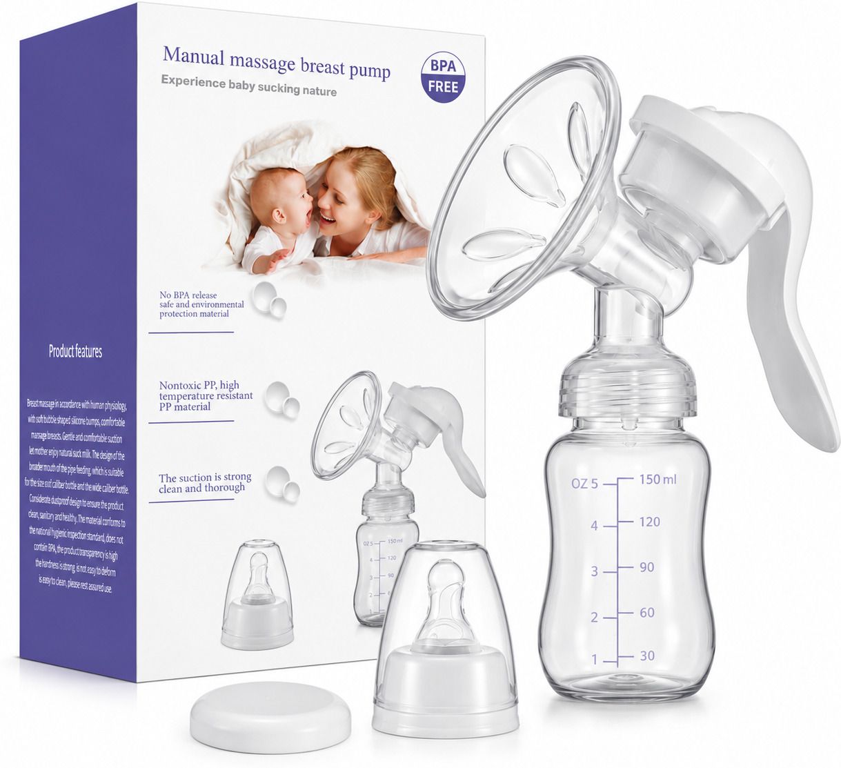 Manual Breast Pump, Nipple Feeding Bottle, Massage Pad, Dust Cover BPA free - Manual-image-38