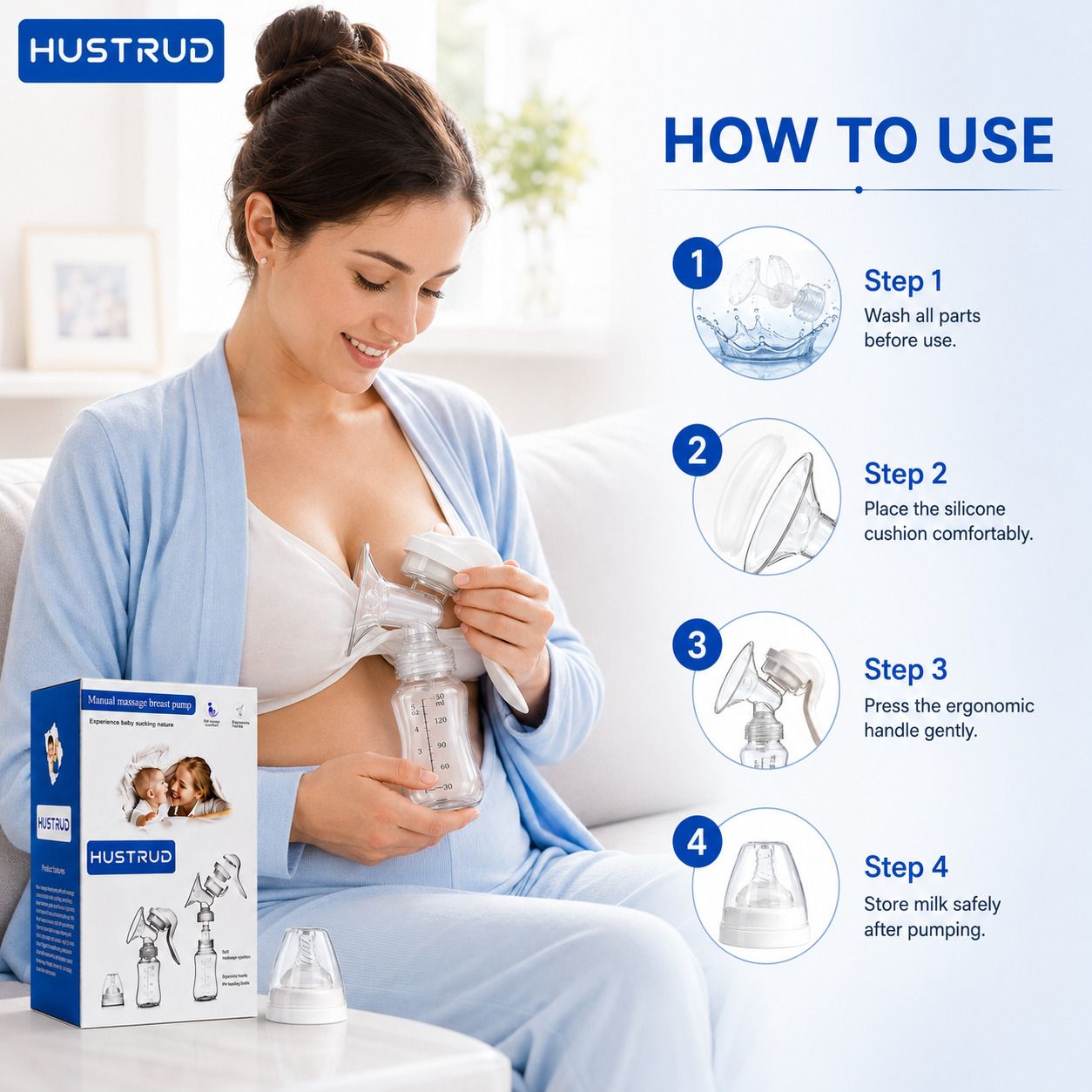 hustrud Manual Breast Pump BPA Free Soft Silicone Leak Proof 150ml White - Manual-picture-1