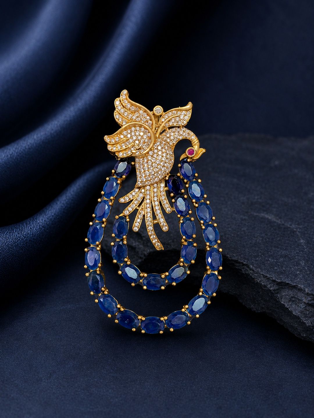 Rati International Royal Swan Blue Crystal & CZ Stone Gold Plated Designer Brooch Pin Brooch-image-34