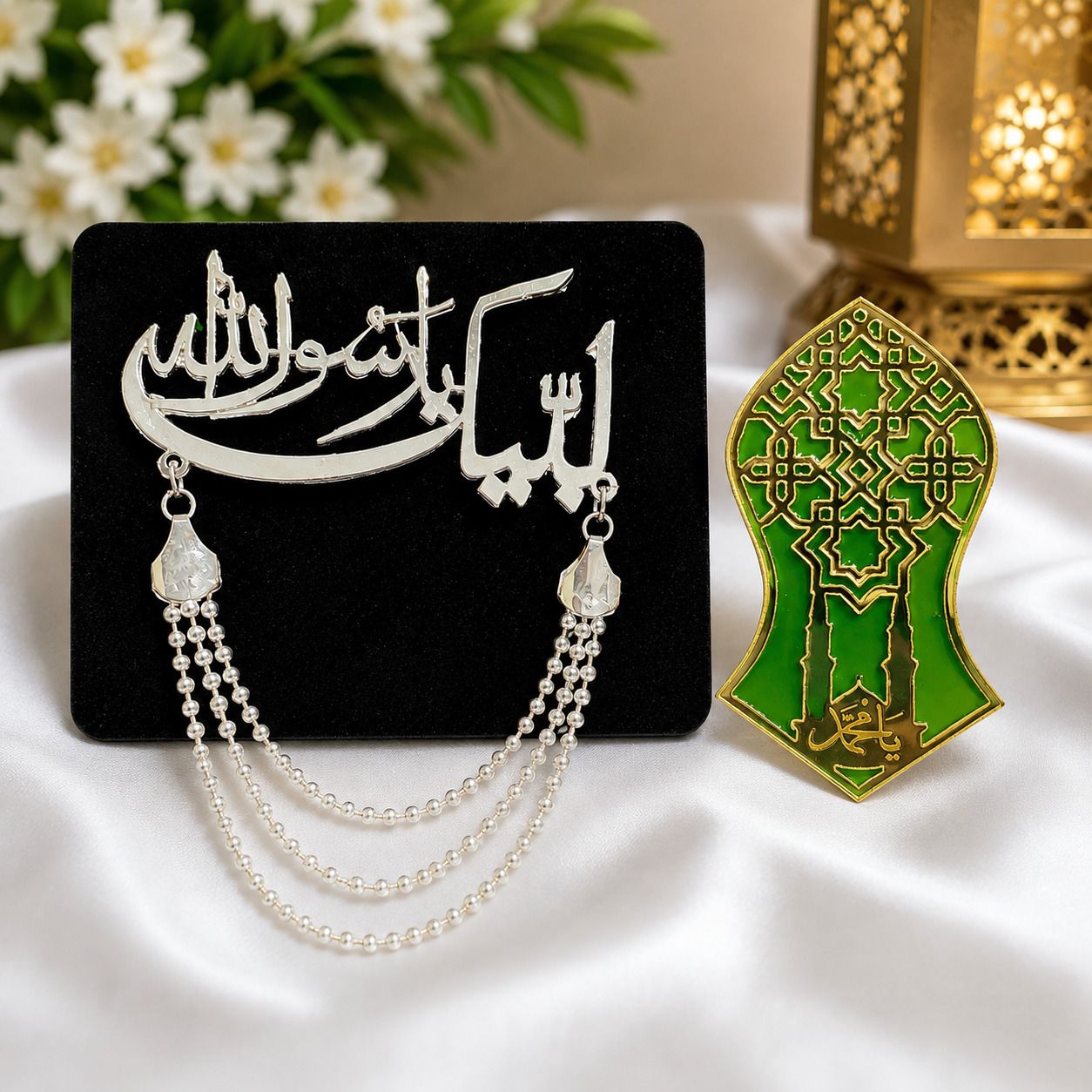 Islamic Brooches Labbaik Yaa Rasoolallah Metal Brooch With Pin and Acrylic Nalain Sharif Brooch-image-48