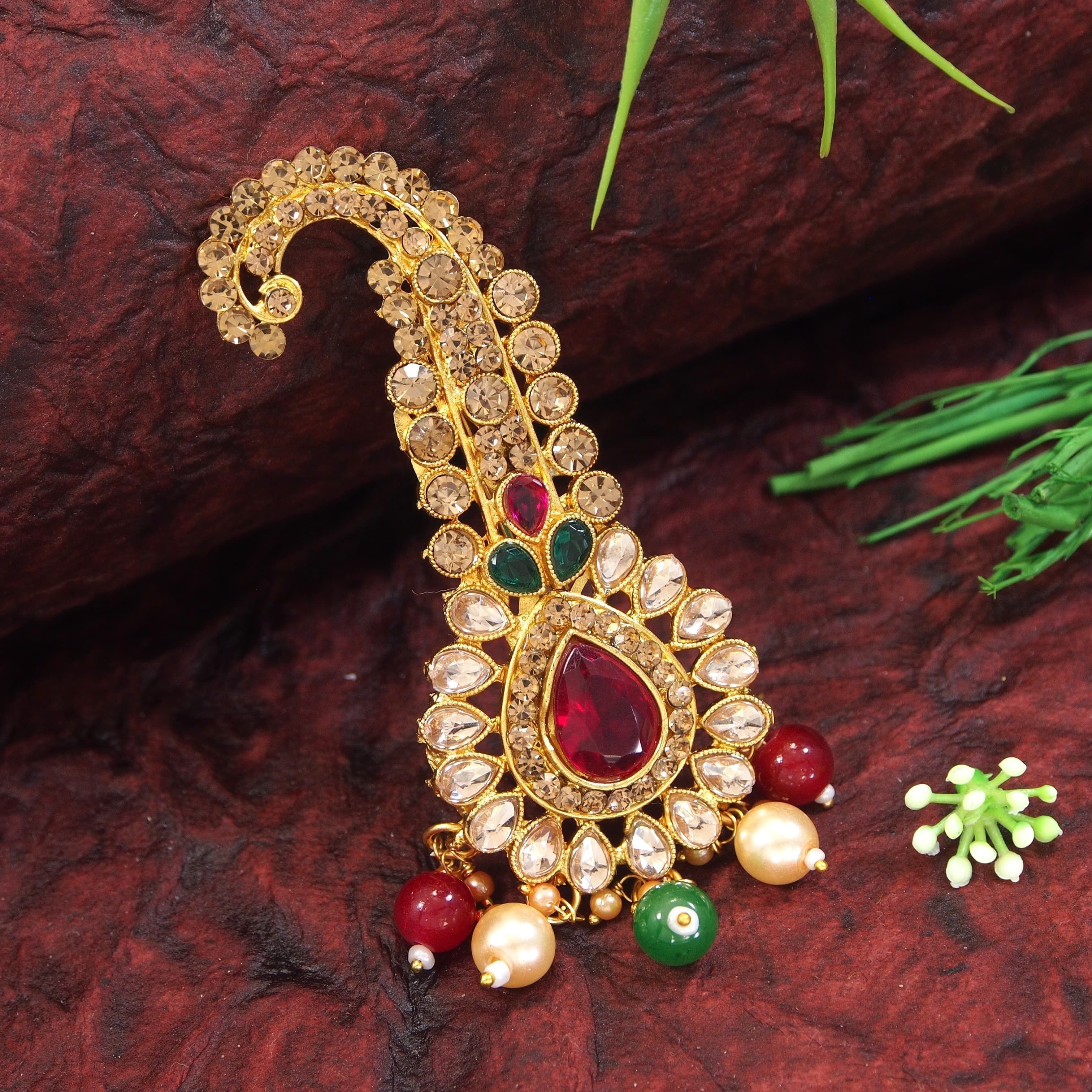 sharneshwar Gold plated Kundan Stone and Pearl Safa Kalangi Brooch for Groom/Men Brooch-image-47