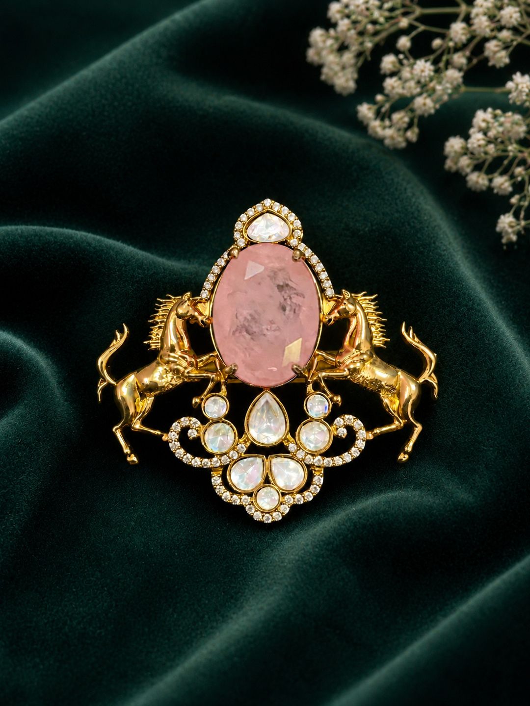 Rati International Royal Pink Stone Twin Horse Designer Brooch Pin with Kundan & CZ Stones Brooch-image-42