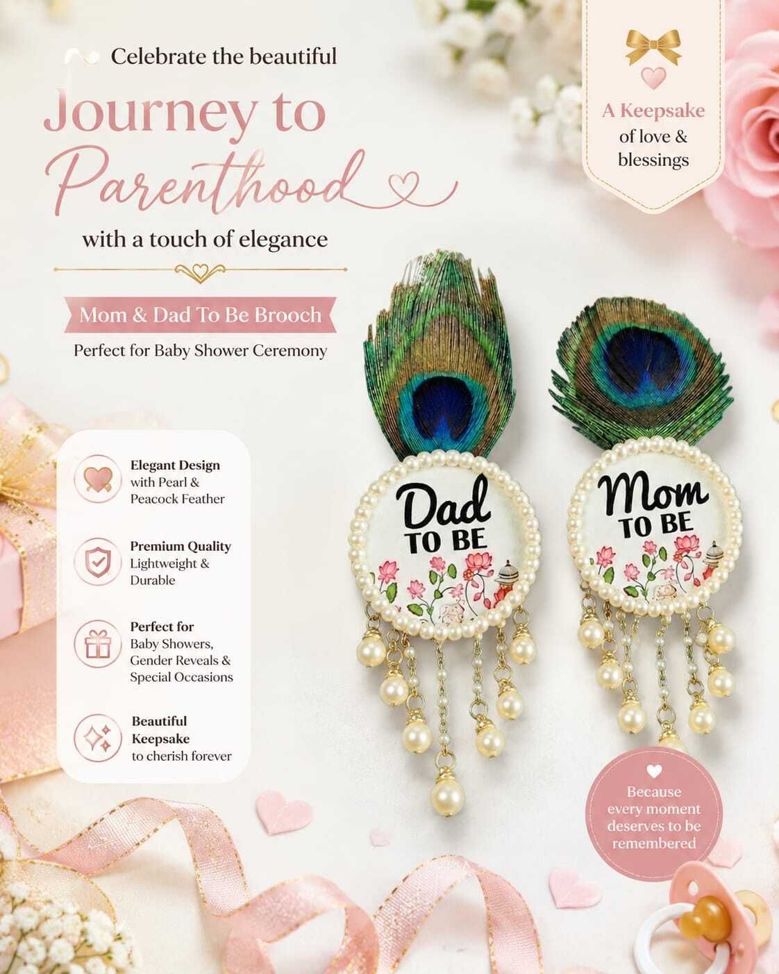 alphasales Traditional Peacock Feather Design Mom to Be and Dad to Be Brooch-image-23