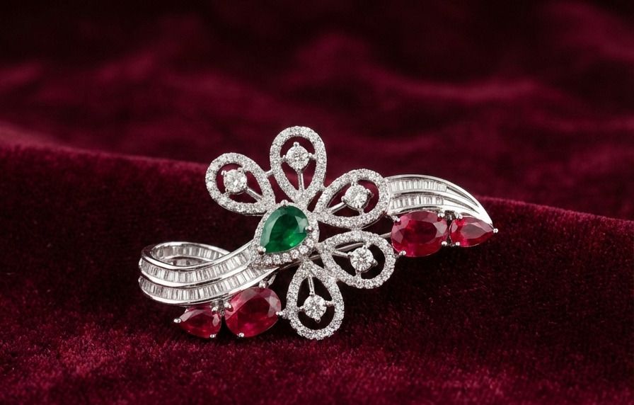 SiLNoi Emerald & Ruby Floral Ribbon 925 Silver Brooch Brooch-image-4