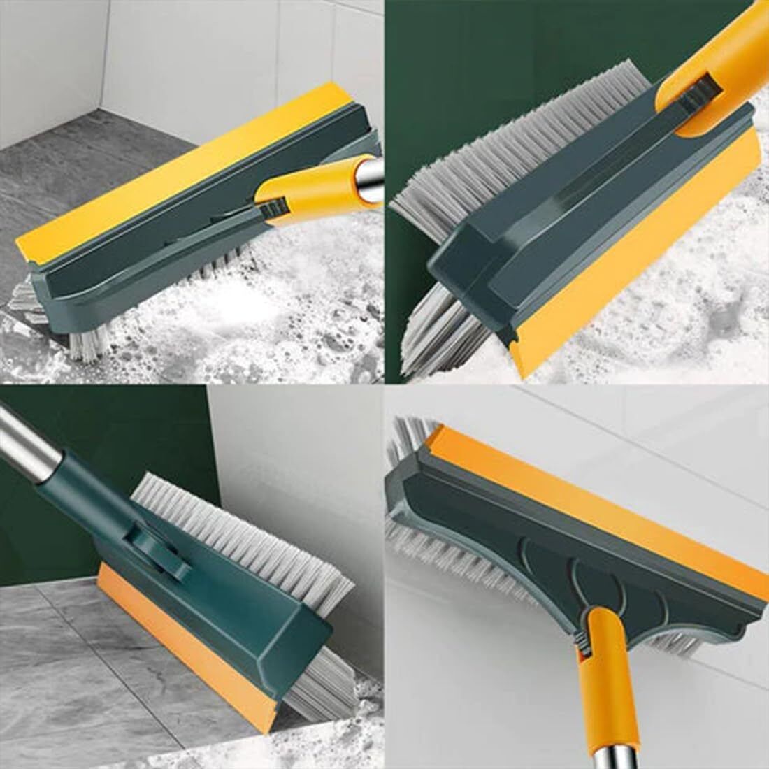3 in 1 Bathroom with Wiper, Tiles Cleaning Brush with Handle Microfibre Wet and Dry Brush
