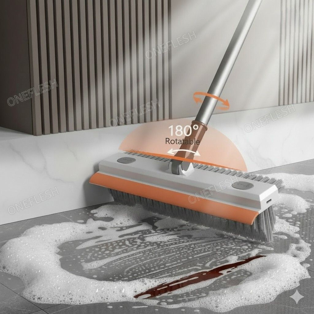 oneflesh Bathroom Brush 3in1 with Wiper Long Handle 180° Rotate for Floor &Tile Clean(SG) Plastic, Silicone Wet and Dry Brush-picture-13