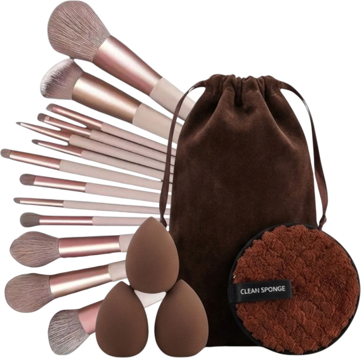17Pc Makeup Kit Set - 13 Brushes, 3 Blenders & Clean Sponge (Coffee)-image-31