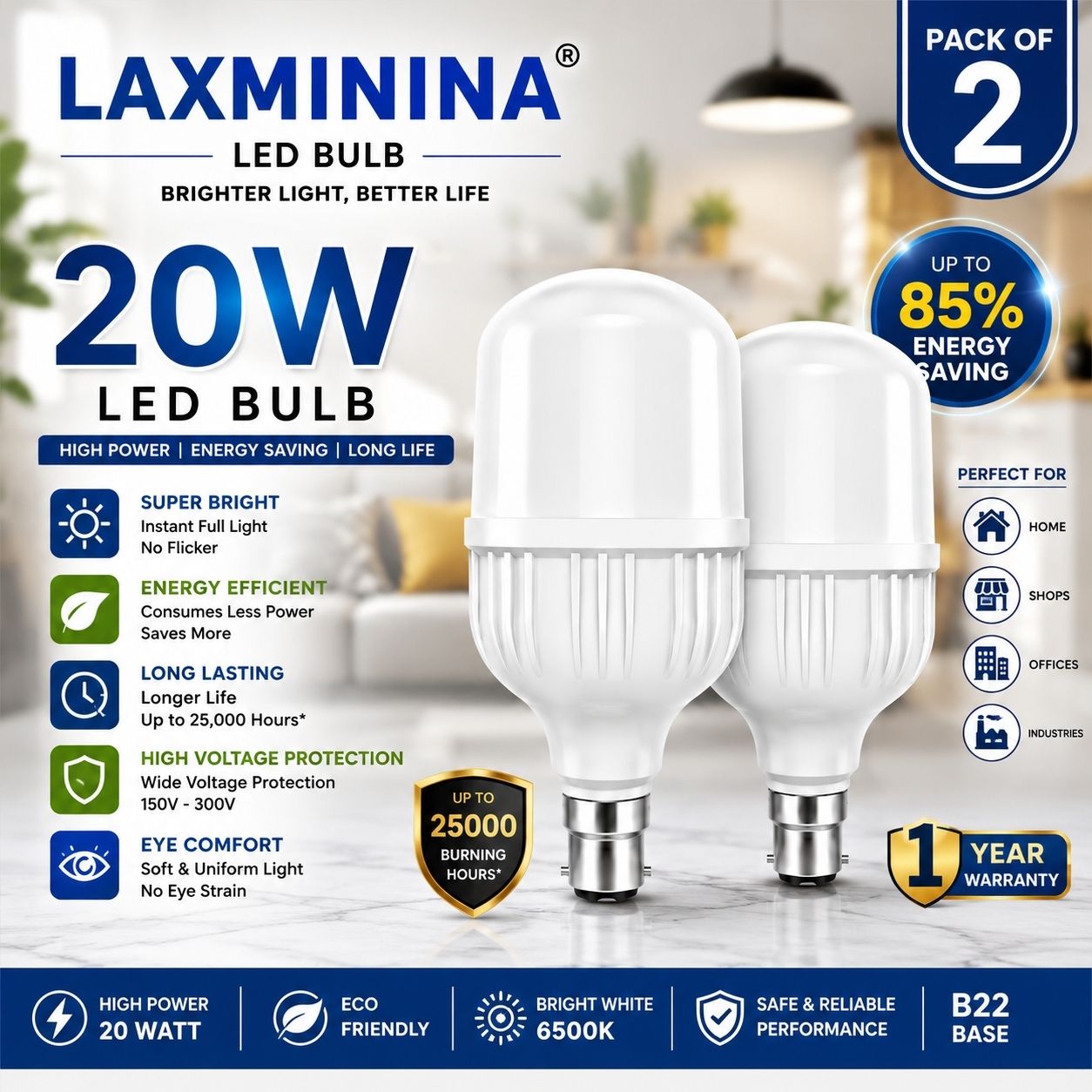 laxminina 20 W Basic, Eye Safety Compliance Standard B22 LED Bulb-picture-25