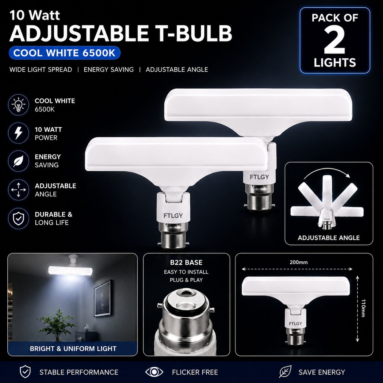 ftlgy 10 W Glare Reduction, Eye Safety Compliance T-Bulb B22 LED Bulb-picture-16
