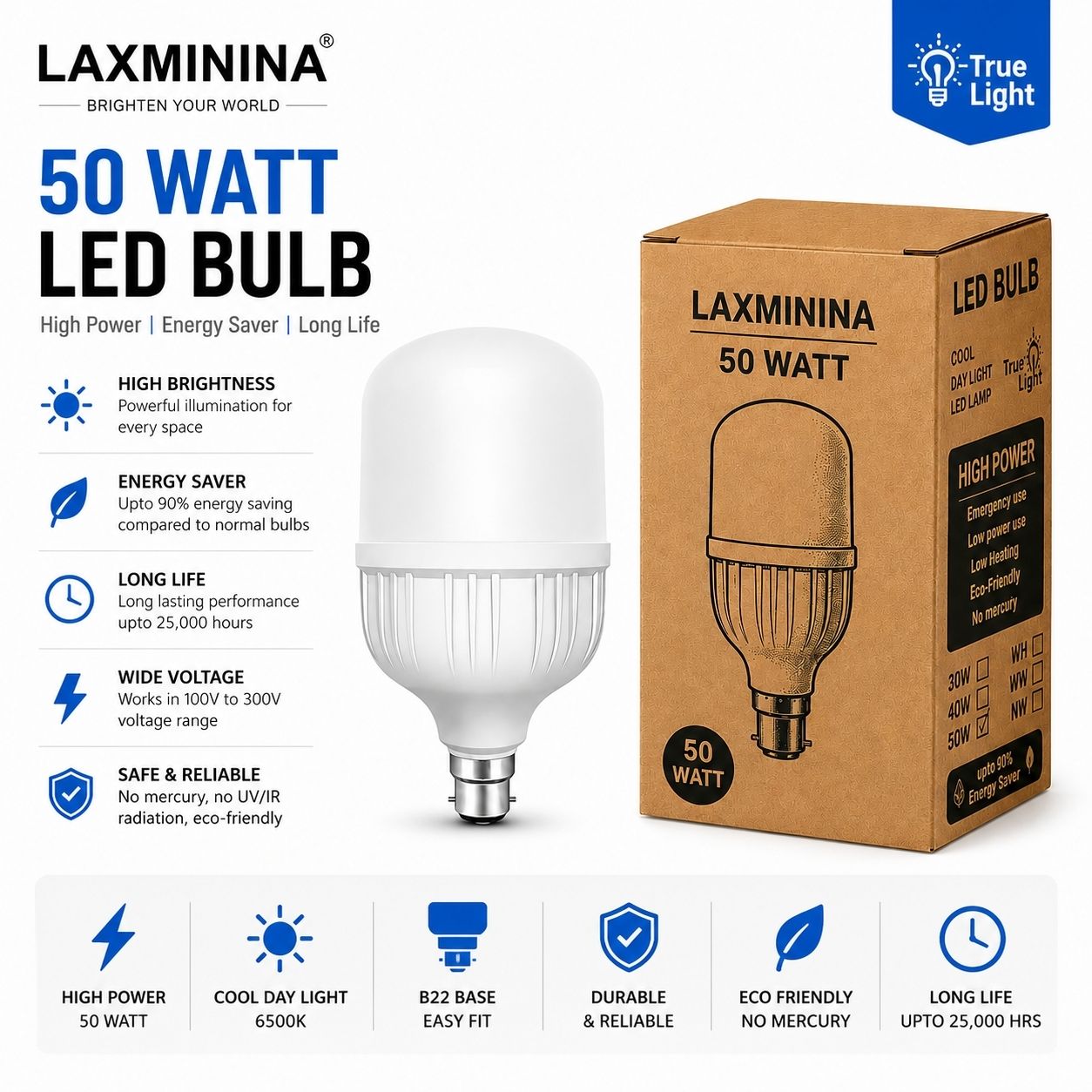 laxminina 50 W Basic, Eye Safety Compliance Standard B22 LED Bulb-picture-16
