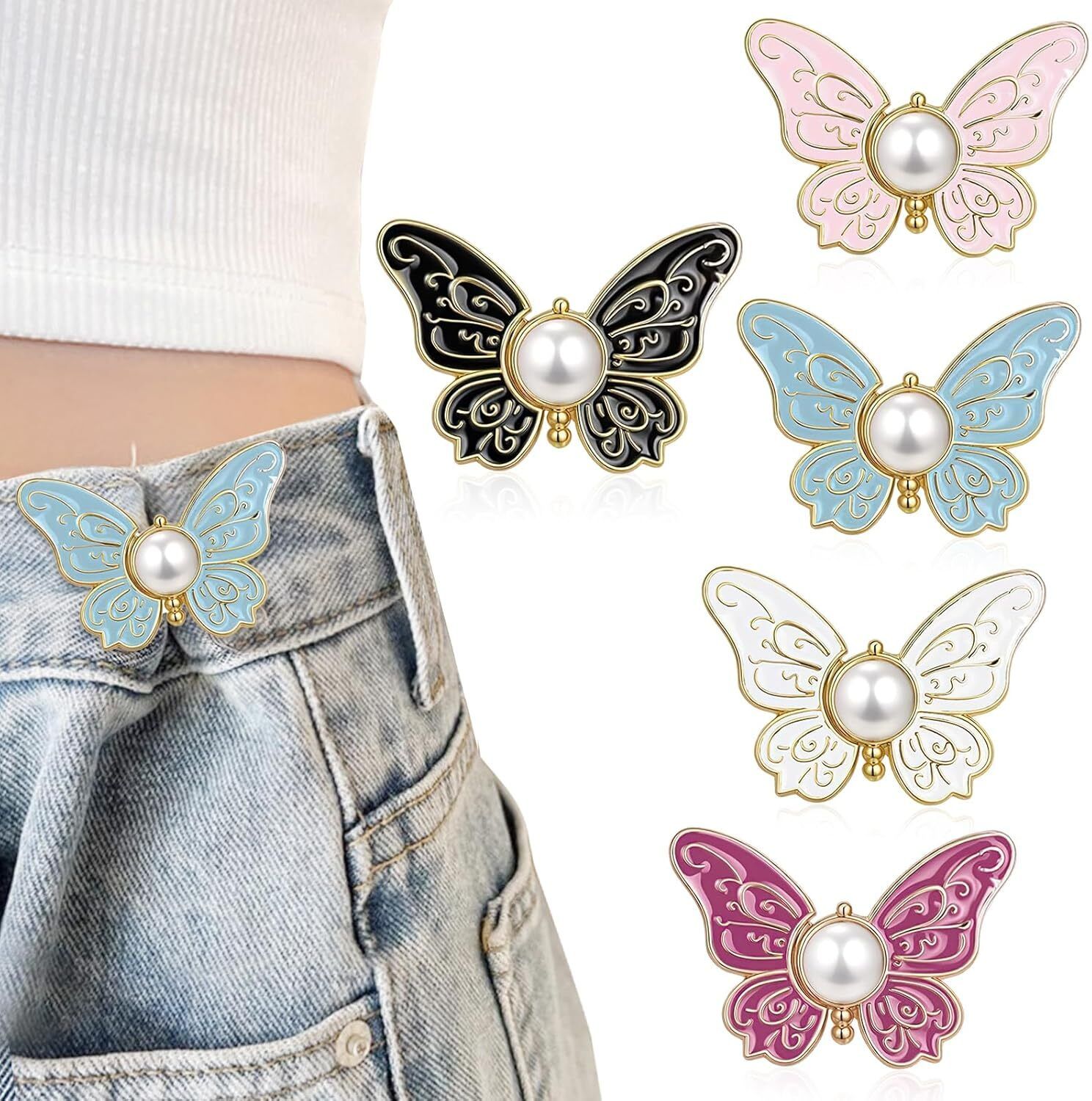 jiyancreation 4 Pairs Jeans Tightening Clips Butterfly Jean Adjustable Pins, Waist Tightener Metal, Pearls Buttons-picture-38