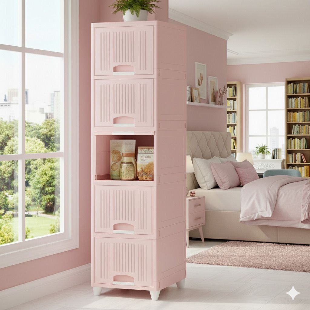 5 Layer Pink Utility Storage Cabinet for Clothing Plastic Kitchen Trolley-image-42