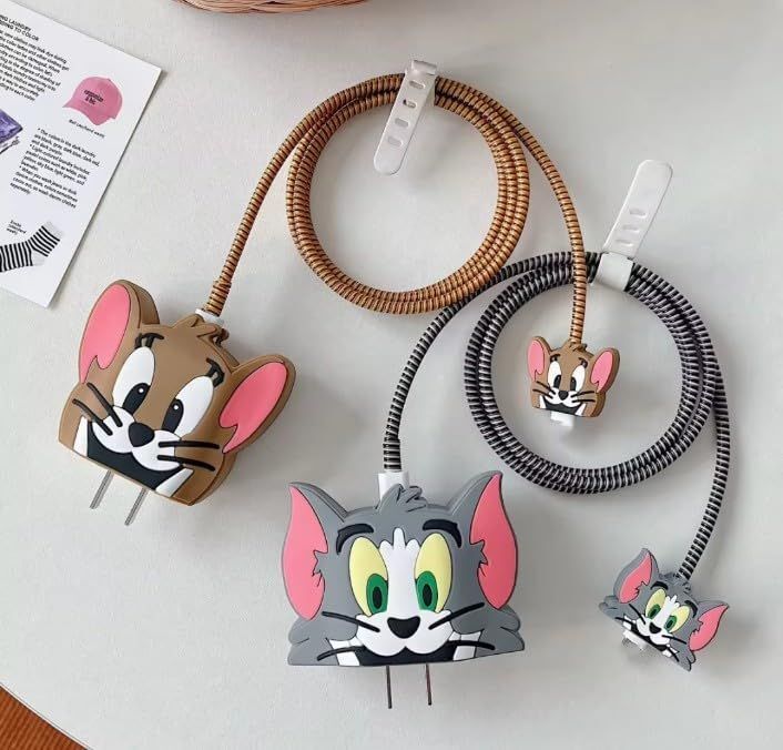 BlissBeautyBar PACK of2, 3D CartoonCharger Cover for iPhone 18W-20W Charger, TOM andJerry Brown Cable Protector