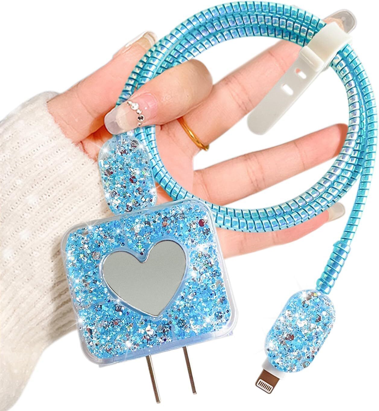 Micvir Charger Cover for iPhone 18W-20W Charger, 3D Cartoon Design Sparkl Heart, Spiral Cable Protector-picture-34