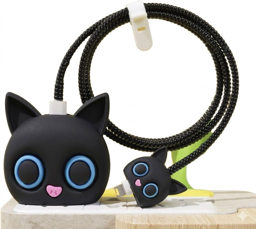 curly cultur Cute Black Cat Wall Charger with Matching Braided Charging Cable, Cable Protector-picture-28