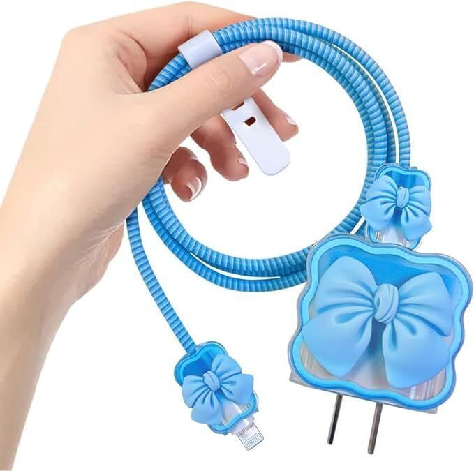 MobiLooks Charger Cover for iPhone 18W-20W Type C Charger 3D Cartoon Bow Blue Case Cable Protector-image-26