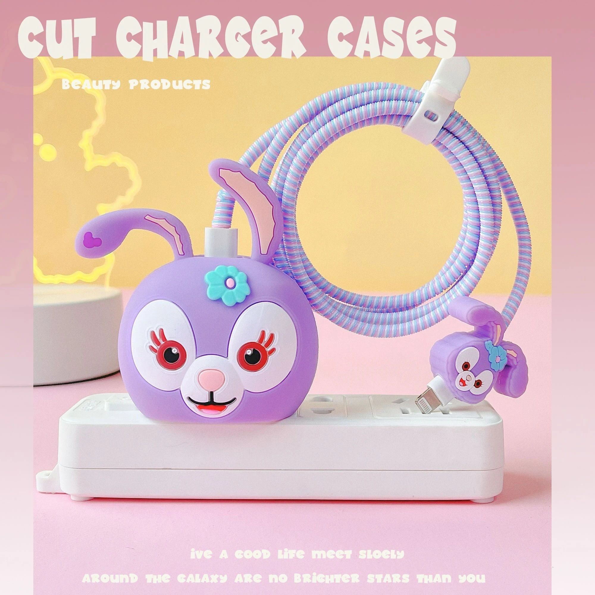 Micvir Charger Cover for iPhone 18W-20W Charger, 3D Cartoon Design Purple-Cat, Spiral Cable Protector-picture-38